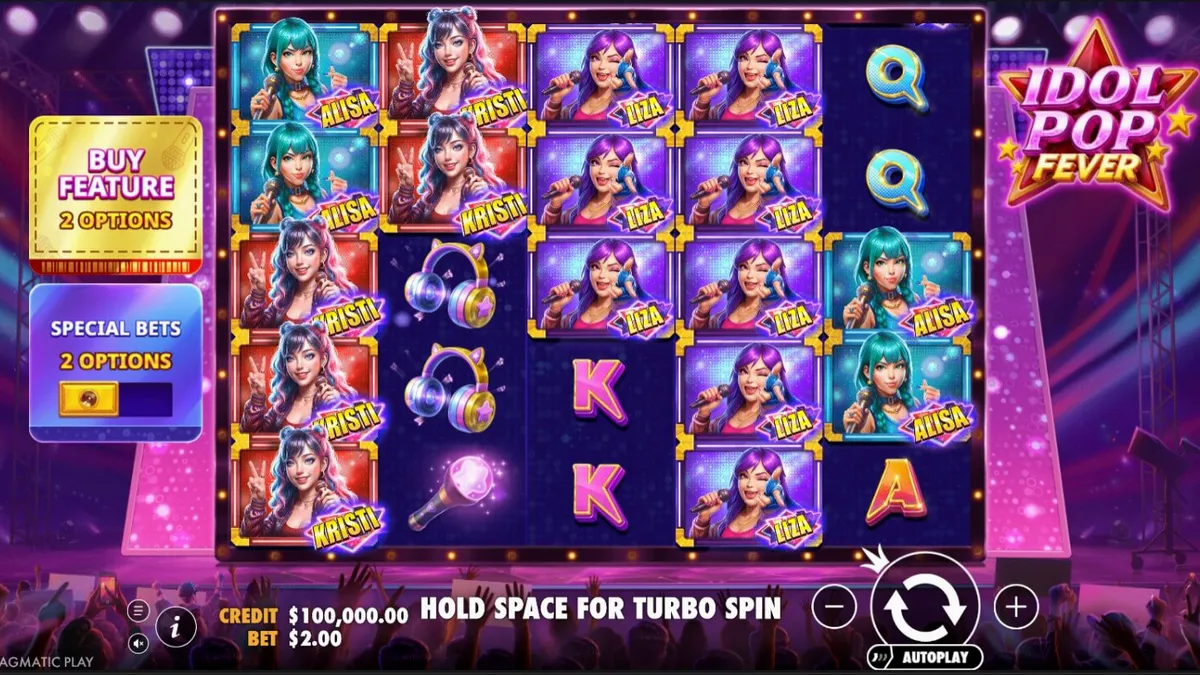 Interface vibrante do slot Idol Pop Fever com luzes de palco e ícones de banda pop